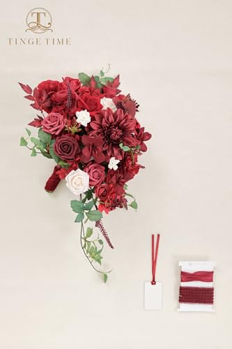 TINGE TIME 15 Inch Artificial Wedding Bouquets for Bride, Cascading Bouquet Wedding Bride Holding Flowers for Wedding Ceremony Anniversary, Bridal Shower and Party (Burgundy Red) - color: Burgundy Red
