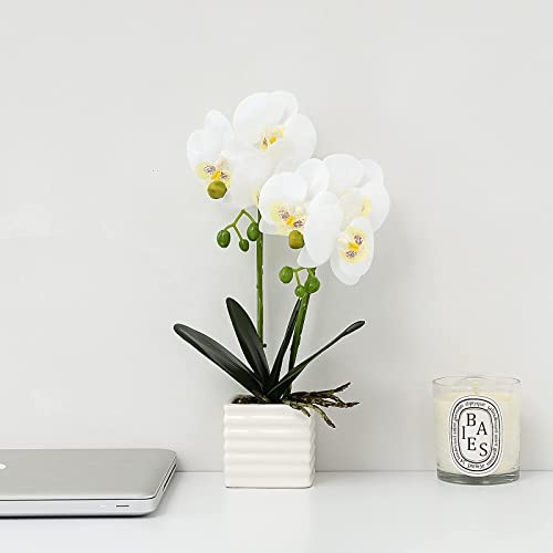 Artificial Orchids for Home Decor Indoor Silver Vase Orchids Artificial Flowers(White） - color: White