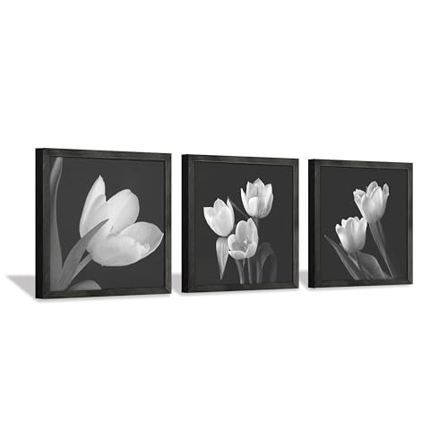 Black and White Tulip Wall Art - 3 Piece Framed Floral Pictures for Bedroom Bathroom Decor 12"x12"x3panels - color: Black and white picture, size: 12'' x 12'' x 3 Panels