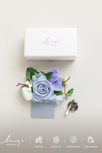 Ling's moment Pocket Boutonniere Single, Boutonniere for Men Groom for Wedding, Prom, Homecoming, Anniversary, Graduation, etc.Dusty Blue, 6" W x 5" H - color: Blu-dusty Blue, size: 6" W x 5" H