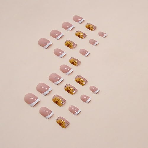 French Press on Nails Square Short Sets, 24Pcs Glossy Artificial Nude Fake Nails with Sunflower Designs, Full Cover Acrylic Coffin False Fingernails with Charm for Women Girls