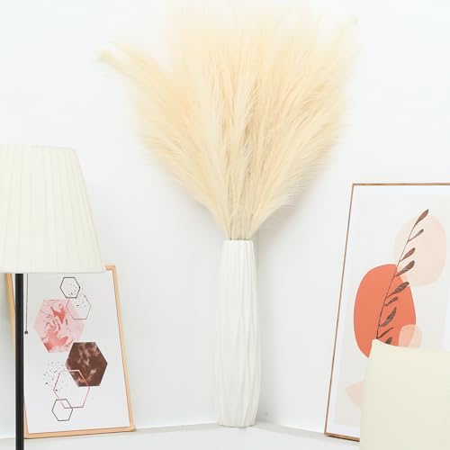 43" Faux Pampas Grass Decor Tall - 8 PCS Beige Pampas Grass for Floor Vase Fluffy Artificial Pampas Grass for Wedding Boho Home Baby Shower Mothers Day Decoration - color: Beige
