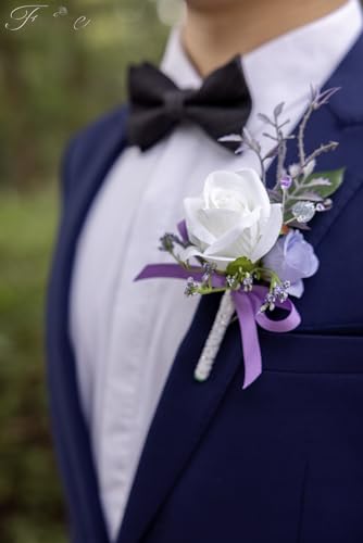 Fnize Purple Boutonniere for Men, 6 Pcs Groom Groomsmen Boutonnieres, Artificial Flowers for Wedding Prom Homecoming - color: Purple