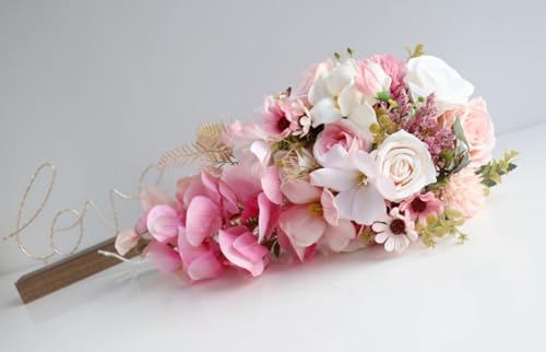 9.8 Inch Cascading Bridal Bouquet Waterfall Cascade Wedding Bouquet Bride with Artificial Rose Phalaenopsis Orchid Flower Beach Tropical Wedding Ceremony Bouquet Hot Pink and Blush Pink - color: Hot Pink & Blush Pink