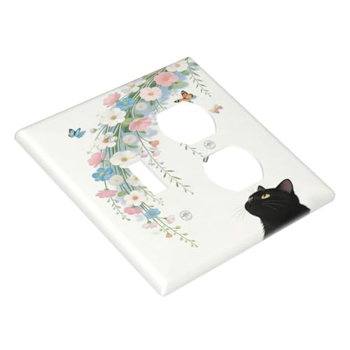 Decorative Art Light Switch Covers Black Cat Hanging Blooms 2 Gang Single Toggle Duplex Combination Electrical Faceplate Switchplate Wall Plate for Home Decor - color: Black Cat Hanging Blooms, size: 2 Gang Toggle-Duplex Comb/4.5 x 4.5 IN