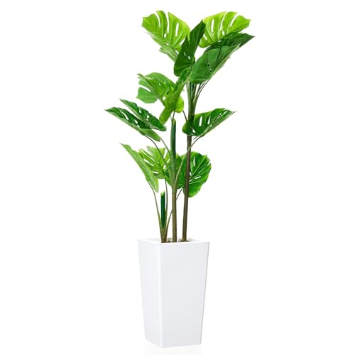 Artificial Monstera Plant, 4.5FT Tall Faux Tropical Palm Tree with 14'' White Tall Planter, Indoor Floor Plants for Living Room Home Office Decor - size: 4ft 6in