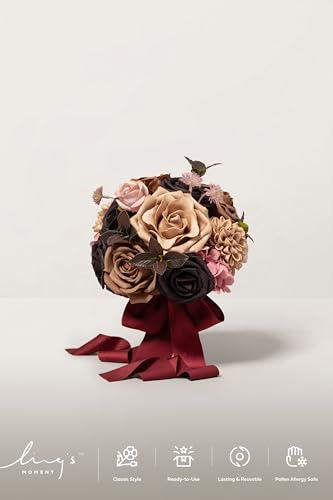 Ling's moment Earth Brown & Black Baccara Artificial Wedding Flower Bouquets for Bridesmaids Brown Floral Bouquet Bridesmaid Bouquets with Ribbon Ceremony Anniversary,7-inch Diameter - color: Br-earth Brown & Black Baccara