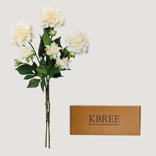 KBREE Dahlia Artificial Flowers, 3 Pcs Real Touch Cream White Flowers, 24.3” Long Stem Faux Dahlias in Natural Tones, Large Bloom Stems for Wedding Bouquet DIY, Table Centerpiece & Home Office Decor - color: Cream White