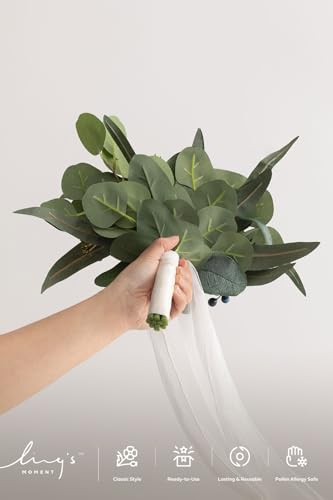 Ling's moment Artificial Bridesmaid Bouquets Set of 6 Eucalyptus Wedding Flower Bouquets White Floral Bouquet Bridal Bouquets with Ribbon Ceremony,Anniversary,7-inch Diameter - color: Wht-white