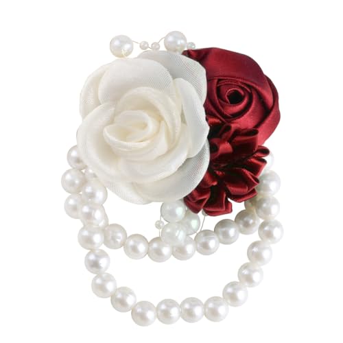 Wedding Prom Party Satin Rose Wrist Corsage Flower, 2Pcs Boutonniere and Wrist Corsage Wristband Roses Prom Flower Wedding Flowers Accessories Prom Suit Decorations (Burgundy) - color: Burgundy