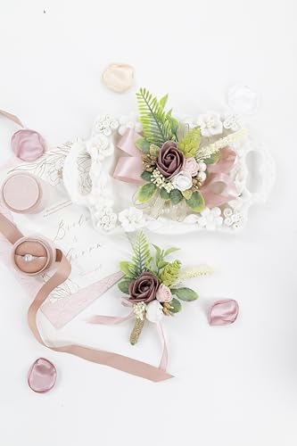 Dusty Rose Corsage and Boutonniere Set Wrist Corsage Wristlet for Prom Groom Flower Pink Boutonniere for Men Wedding Party Homecoming Accessories Suit - color: Dusty Rose