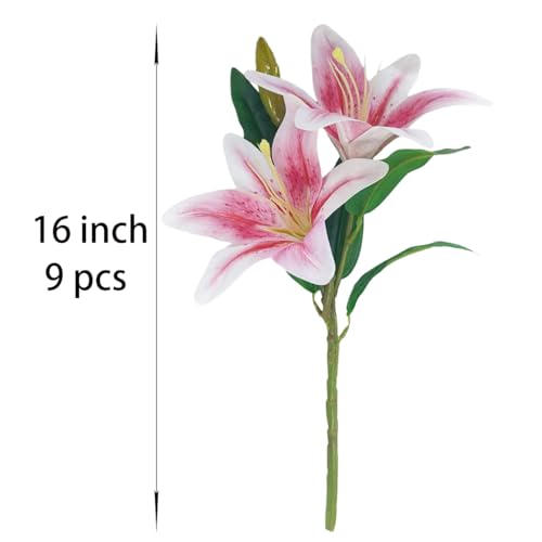ATFL Artificial Lilies Flowers,9 Pcs Faux Lily Flowers,16''Tiger Lily Branches with 2 Full Blooms and 1 Bud,Faux Fake Lilies Plants for Wedding Bouquet Floral Arrangements (9, Light Pink) - color: Light Pink