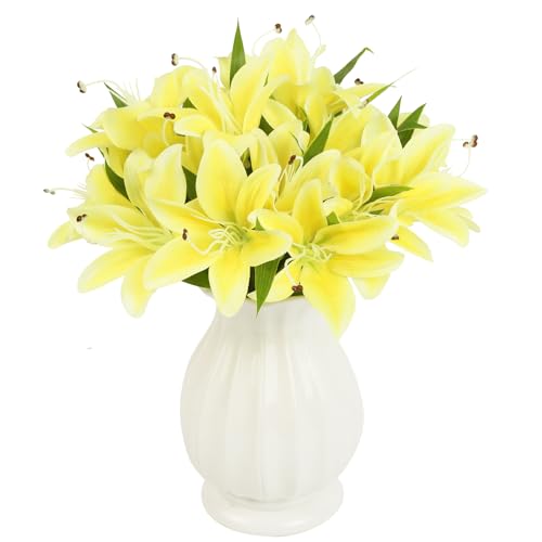 20Heads Yellow Fake Lily Artificial Flowers 4 Bundles Silk Lilies with Stems Easter Lily Faux Flowers for Wedding Party Home Table Decor Indoor Graves Arrangements (Yellow) - color: Yellow