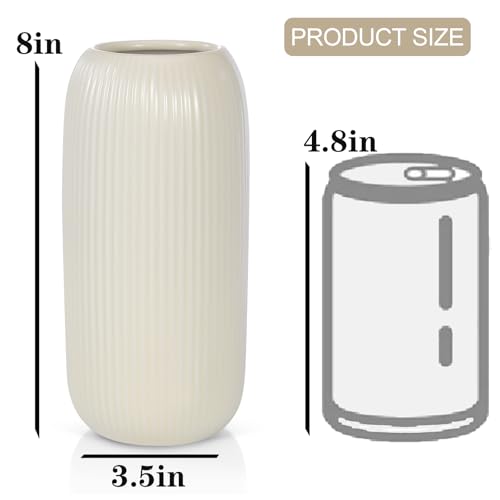 Ceramic Vase for Flowers – Modern Small Ribbed Textured Flower Vase for Home Decor, Pampas Grass, Decorative, Farmhouse, Coffee Table, Kitchen Centerpieces, Bookshelf and Home Living (Beige) - color: Beige