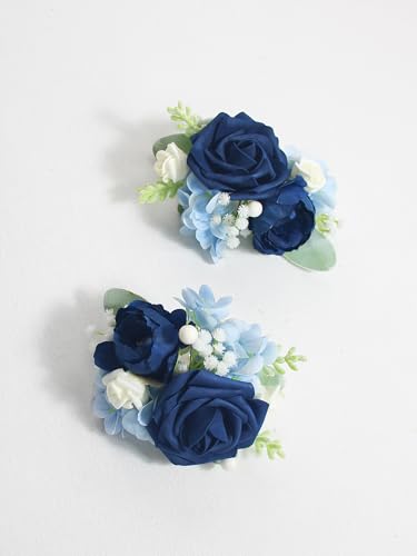 Rinlong 2Pcs Navy Blue Wrist Corsage for Wedding, Prom, Homecoming | Bridesmaid, Mother of the Bride Corsage - color: 08-navy Blue Rose