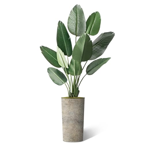 Artificial Tree in Off-White Texture Planter, Fake Bird of Paradise Silk Tree for Indoor and Outdoor Home Decoration - 67" Overall Tall (Plant Pot Plus Tree) - style: Bird of Paradise