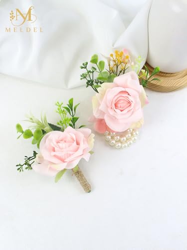 Pink Rose Wrist Corsage and Boutonniere Set for Dance Party Wedding | Artificial Silk Rose Women Pearls Corsage with Men Boutonniere for Wedding Accessories Prom Ceremony Party - color: Pink 1 Boutonniere&1 Wrist Corsage