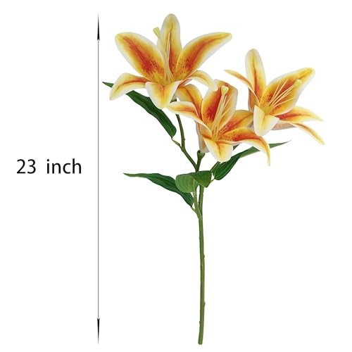 Orange Lily Artificial Flowers,6 Pcs Faux Lilies Flowers,23 Inch Long Stem Tiger Lily Branch with 3 Full Blooms and 4 Leaves, Latex Real Touch Lilium Flower for Wedding Bouquet - color: Orange