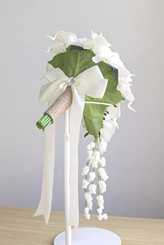 Ansuma White Calla Lily and Rose Cascading Bride Bouquet Waterfall Wedding Flower - Lily Rhinestone Jewelry Brooches and Satin Ribbon Décor (White) - color: White