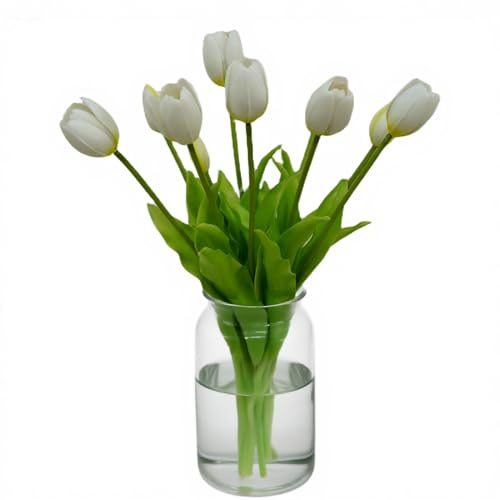 10PCS White Tulips Artificial Flowers Real Touch Fake Tulips Fake Flowers White Flowers Artificial Mother's Day Easter Valentine'S Day Gifts Spring Decorations For Home - color: White