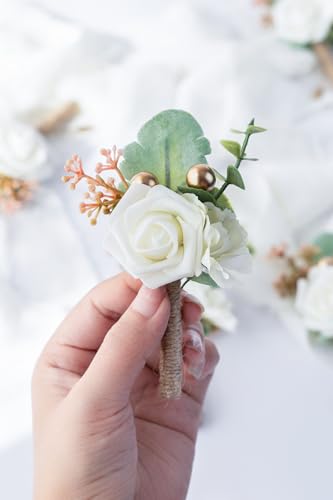 Boutonniere for Men Wedding, Groom Groomsman Artificial Rose Flowers for Wedding Anniversary Celebration,Prom,Party,Home Decoration Set of 2 (Ivory) - color: Ivory