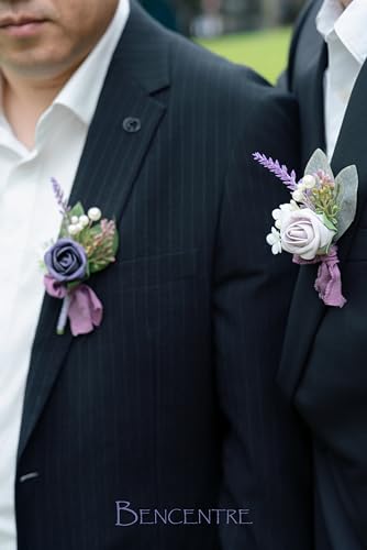 Purple Boutonniere for Men,Lavender Prom Boutonnieres,Groom and Groomsmen Boutonniere for Wedding Ceremony Anniversary, Formal Dinner Party and Grad Night (Set of 6) - color: Purple, size: set of 6
