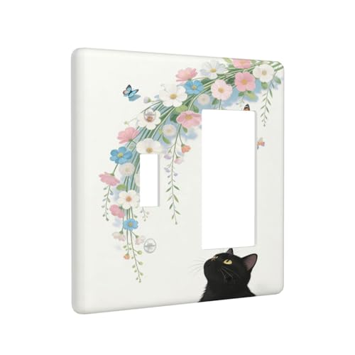 Decorative Art Light Switch Covers Black Cat Hanging Blooms 2 Gang Single Toggle Rocker Combination Electrical Faceplate Switchplate Wall Plate for Home Decor - color: Black Cat Hanging Blooms, size: 2 Gang 1-GFCI 1-Toggle Comb/4.5 x 4.5 IN