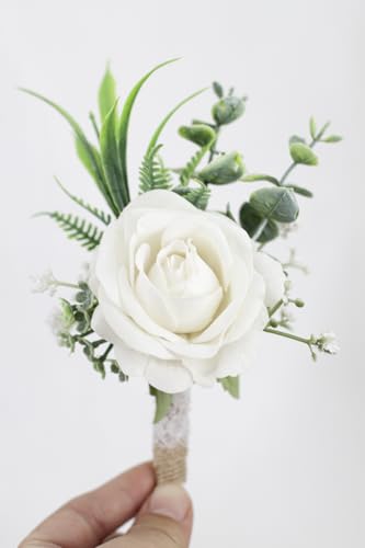 Ansofi Ivory White Corsage and Boutonniere Set Artificial Rose Flower Wrist Corsage and Boutineers for Groom Groomsmen Bride Bridesmaids Prom Rustic Vintage Wedding Decor - color: Ivory White