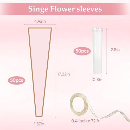 50 Pcs Flower Water Tubes with 50 Pcs Pink Single Rose Sleeve Holder for Bouquets with 72 Ft Ribbon Flower Vials Individual Single Stem Floral Wrapping Bag for Mother's Day Florist Supplies - color: Pink, size: single flower wrap