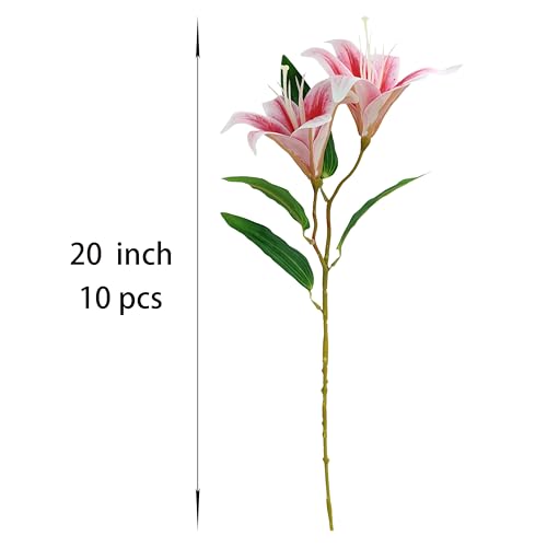 Artificial Lilies Flowers,10Pcs Faux Lily Flower,20''Tiger Lily Branch with 2 Full Blooms, Faux Fake Lilies Plants for Wedding Bouquet Home Party Indoor Floral Arrangements (10, hot Pink) - color: Hot Pink