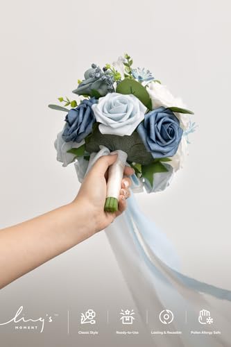Ling's moment Dusty Blue Artificial Wedding Flower Bouquets for Bridesmaids White Floral Bouquet Light Blue Bridal Bouquets for Bridesmaids with Ribbon Ceremony Anniversary,7-inch Diameter - color: Blu-dusty Blue & Navy