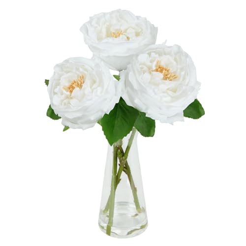 Zythrem Fake Flowers in Vase White Peonies with Vase Faux Peonies Flowers Look Real Faux Water Silk Flower Arrangements for Table Centerpiece Bathroom Office Kitchen Gift Decor - color: White