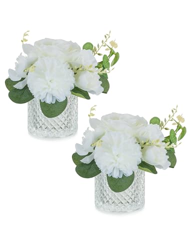 NUPTIO Small Fake Flower in Vase: 2 Pcs Silk Artificial Flowers with Clear Glass Vases for Living Room Bathroom Office Decor - Faux Rose Mums Floral Arrangements Wedding Dining Table Centerpiece - color: Clear, size: 2pcs