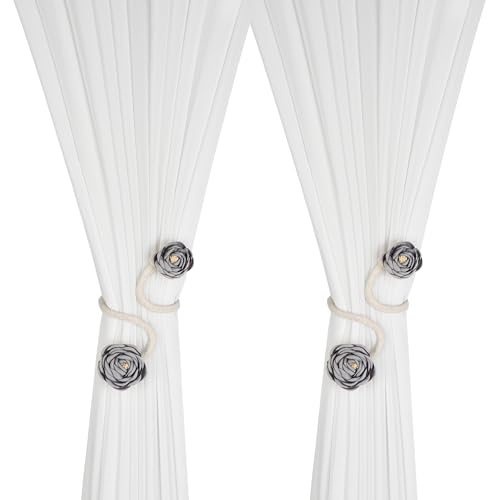 SUQ I OME 2 Pieces of Handmade Artificial Flower Curtain Holdbacks Clips Window Drape Twist Tie Backs for Women, Girls Bedroom Decorative Draperies Holdbacks (Gray) - color: Gray
