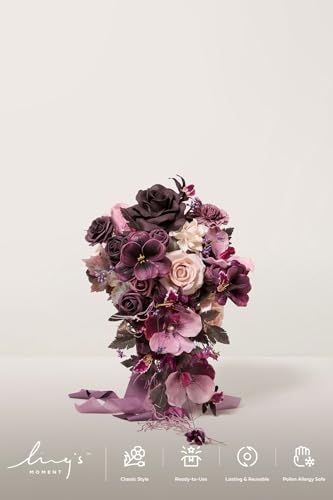 Ling's moment Wedding Artificial Flowers Package, Bridal Bouquet, Bridesmaid Bouquets, Boutonniere for Men, Rose Petals.Plum Lily Grape - color: Prpl-plum Lily & Grape