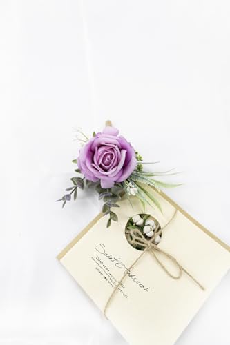 Ansofi Purple Corsage and Boutonniere Set Artificial Rose Flower Wrist Corsage and Boutineers for Groom Groomsmen Bride Bridesmaids Prom Rustic Vintage Wedding Decor - color: Purple