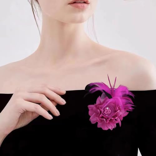 Elegant Flower Brooch for Women Wedding Party Dance Banquet Pins Feather Flower Fascinator Lady Floral Hairpins Dress Suit Lapel Pin Ceremony Accessories Corsage Brooches Vintage Jewelry Gifts - color: Rose Red