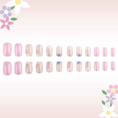 Flower Press on Nails Short Square Fake Nails Nude False Nails with Embossed Flowers Designs Glossy Full Cover Dots Stick on Nails Glue on Nails Spring Acrylic Nails for Women Girls 24 Pcs - color: Flower Square24