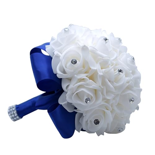 Wedding Bouquets for Bride, Bridal Flowers for Wedding, Bride Bridesmaid Hand Flowers Bridal Bouquet Crystal Diamond Silk Roses, Artificial Flowers Bouquet for Church Wedding Party (Blue) - color: Blue