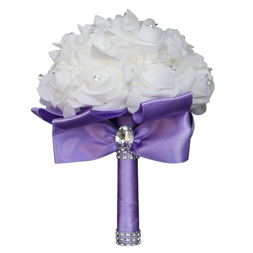 Wedding Bouquets for Bride, Bridal Flowers for Wedding, Bride Bridesmaid Hand Flowers Bridal Bouquet Crystal Diamond Silk Roses, Artificial Flowers Bouquet for Church Wedding Party (Purple) - color: Purple