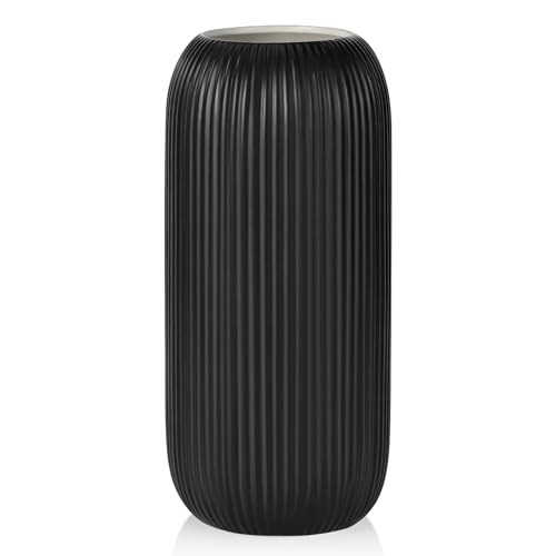 Ceramic Vase for Flowers – Modern Small Ribbed Textured Flower Vase for Home Decor, Pampas Grass, Decorative, Farmhouse, Coffee Table, Kitchen Centerpieces, Bookshelf and Home Living(Matte Black) - color: Matte Black