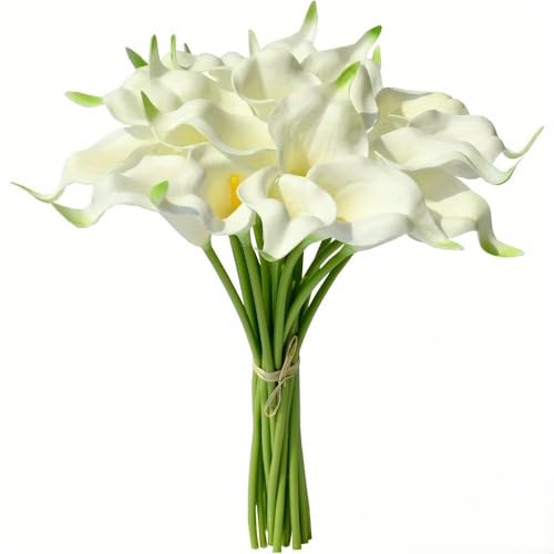 20 Stems Real Touch Calla Lily Artificial Flowers, 14.2in Tall with 2.4in PU Blooms, White Faux Calla Lilies with Bendable Plastic Stems for Wedding Bouquets, Centerpieces and Home Decor