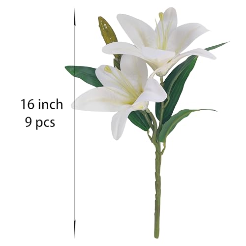 ATFL Artificial Lilies Flowers,9 Pcs Faux Lily Flowers,16''Tiger Lily Branches with 2 Full Blooms and 1 Bud,Faux Fake Lilies Plants for Wedding Bouquet Floral Arrangements (9, White) - color: White
