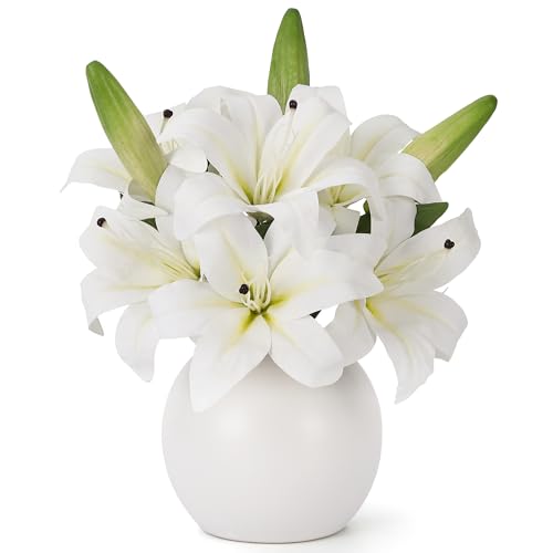 White Real Touch Artificial Tiger Lily and Easter Lily, Silk Faux Flowers Arrangement with Ceramic Vase, Fake Floral Bouquet for Easter, Office, and Home Decor - color: White, size: Lily, Silk