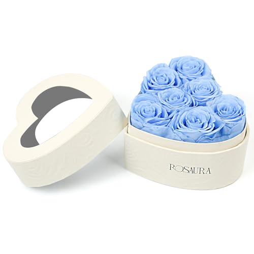 Rosaura Heart-Shaped Preserved Roses Gift Box - Real Forever Flowers for Christmas, Birthday, Valentine's & Mother's Day (Sky Blue, 7 roses) - color: Sky Blue, size: 7 roses