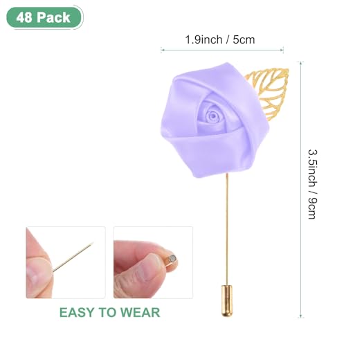 M METERXITY 48-Pack Flower Lapel Pins for Men, Golden Leaf Rose Boutonnieres Pin Groom Boutonnieres for Wedding/Dance/Party, Men Lapel Pins for Suits Satin Flower Corsage [Light Purple] - color: Light Purple