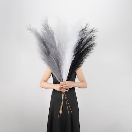 Pampas Grass Decor Tall, 43"/110cm Faux Pampas Grass 6 Stems Large Pompass Grass Branches Tall Bulk Boho Flower Arrangement for Home Room Wedding Party Decor - color: Black& White& Light Gray