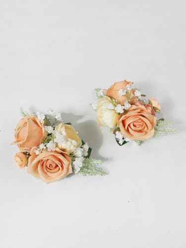 Rinlong 2Pcs Peach Champagne Wrist Corsage for Wedding, Prom, Homecoming | Bridesmaid, Mother of the Bride Corsage - color: 24-coral