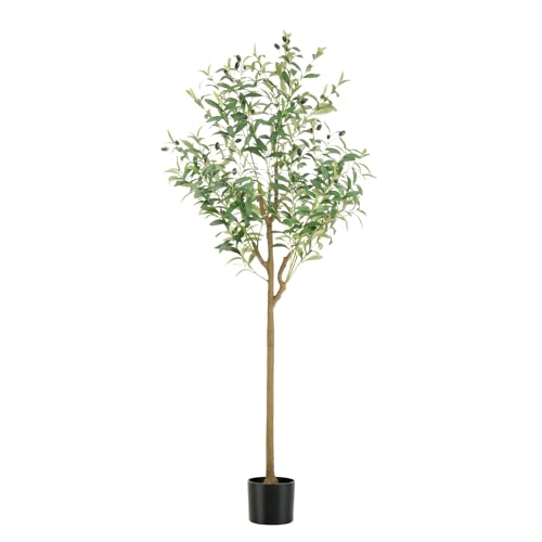 WILDLOVE Fake Olive Tree Artificial Indoor, Potted Faux Olive Trees with Natural Wood Trunk & Lifelike Fruits for Home Office Decor (5ft) - size: 5ft