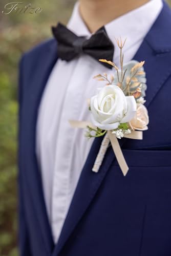 Fnize Champagne Boutonniere for Men, 6 Pcs Groom Groomsmen Boutonnieres, Artificial Flowers for Wedding Prom Homecoming - color: Champagne